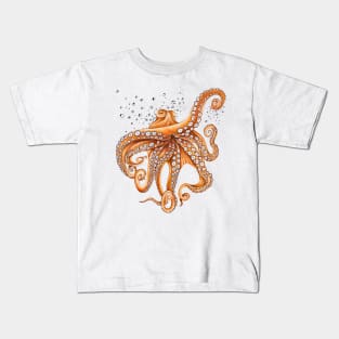 Orange Red Octopus Tentacles Kraken Bubbles Art Kids T-Shirt